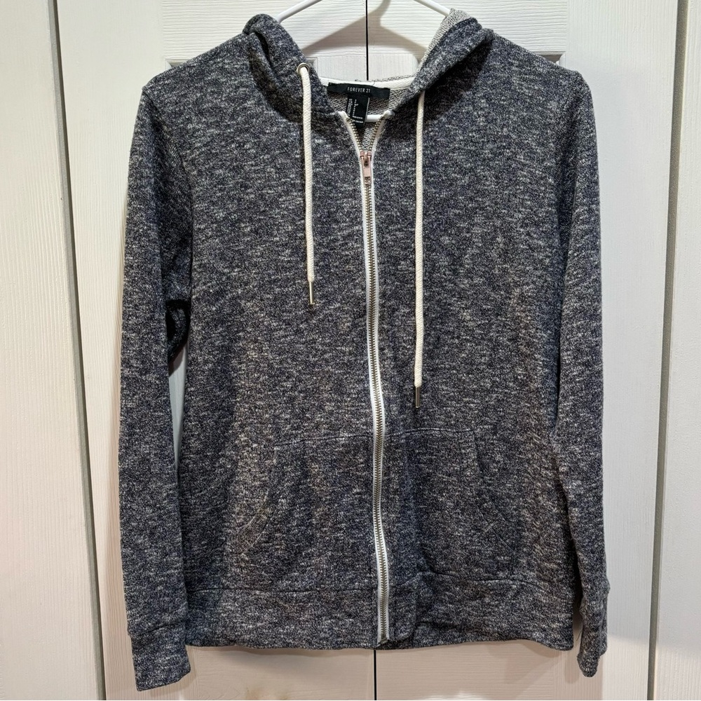 FOREVER 21 Women’s Zip Up Hooded Hoodie Sweatshirt Jacket - gray/blue, size S